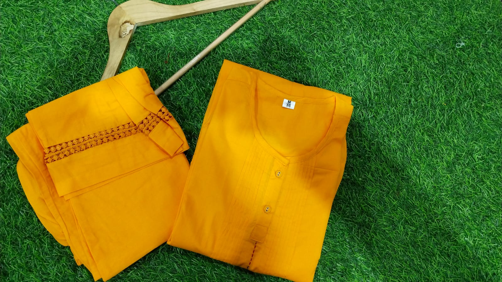 Pleated Cotton Kurta & Crochet Lace Pant Set in Yellow