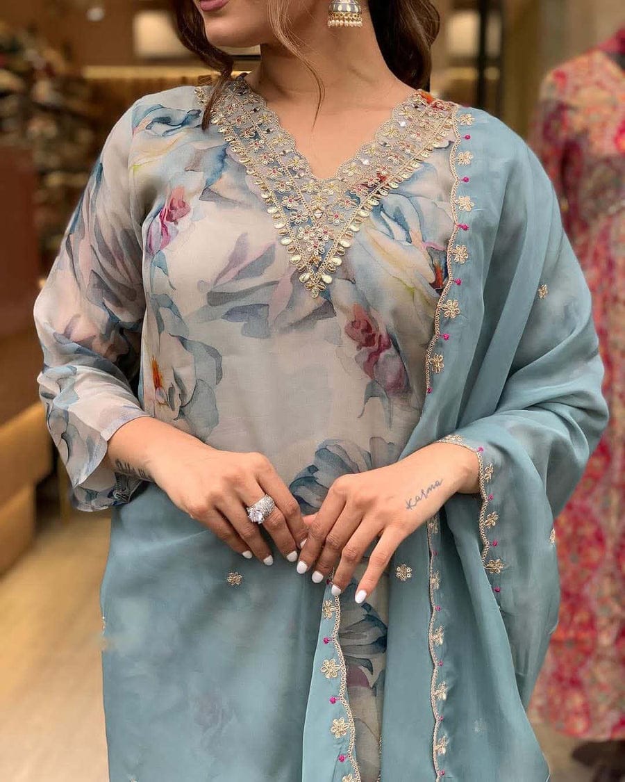 Organza Suit Set with Embroidery and Zari Weaving