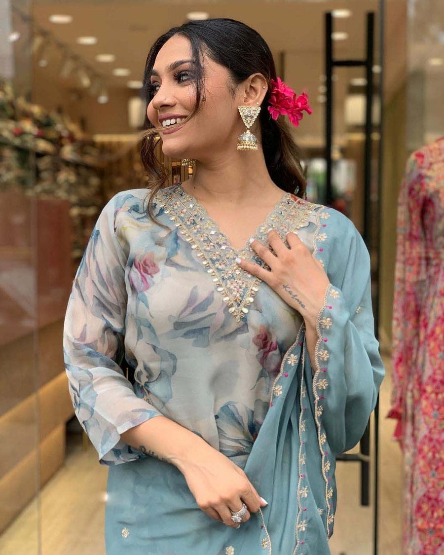 Organza Suit Set with Embroidery and Zari Weaving