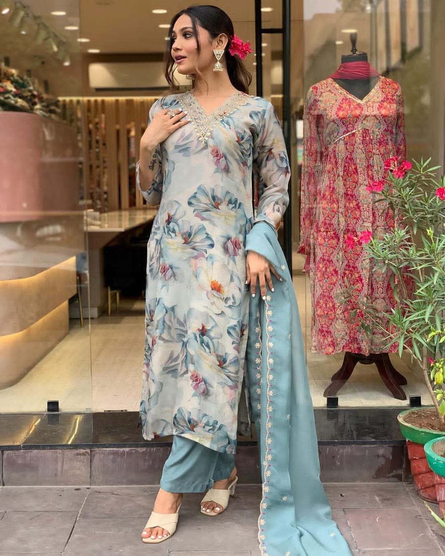 Organza Suit Set with Embroidery and Zari Weaving