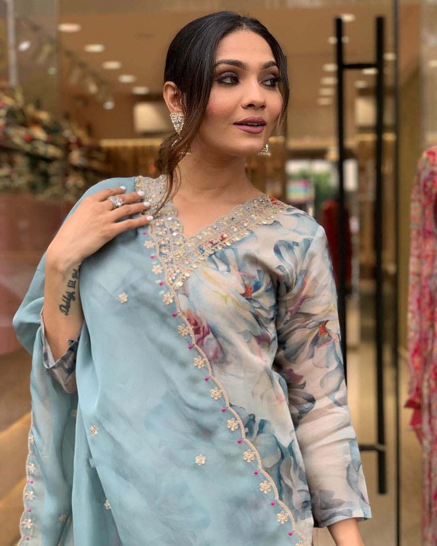 Organza Suit Set with Embroidery and Zari Weaving