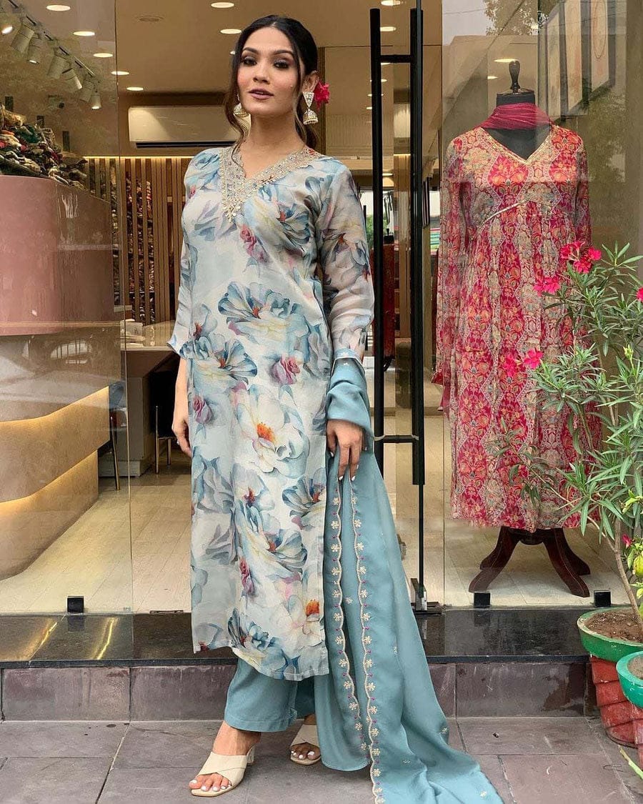 Organza Suit Set with Embroidery and Zari Weaving
