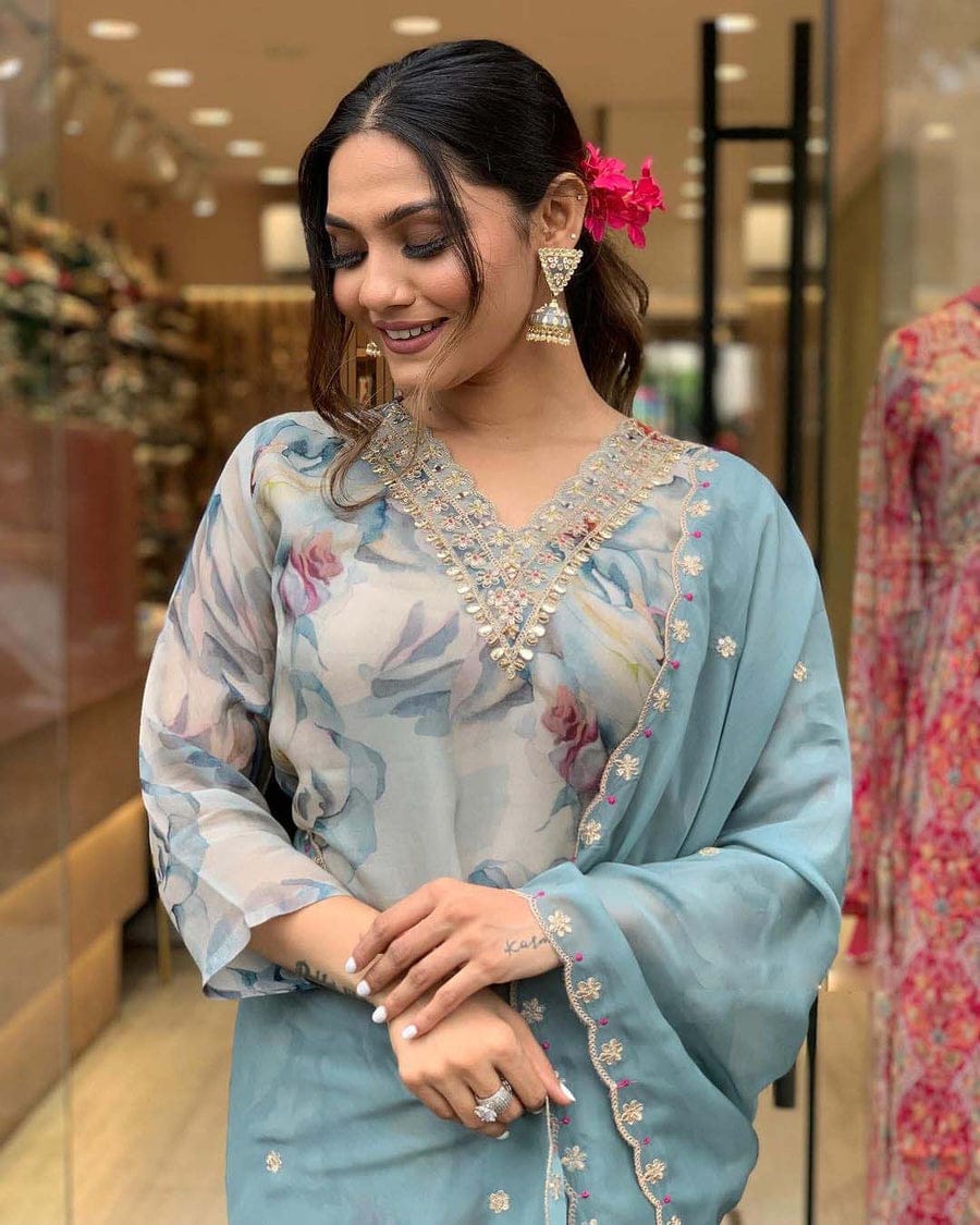 Organza Suit Set with Embroidery and Zari Weaving