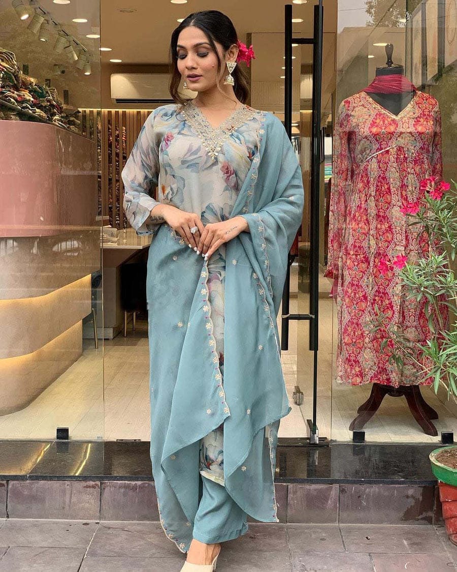 Organza Suit Set with Embroidery and Zari Weaving