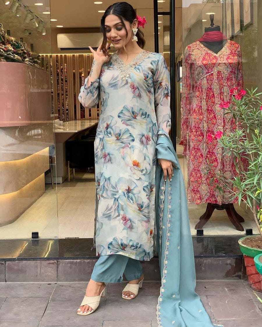 Organza Suit Set with Embroidery and Zari Weaving