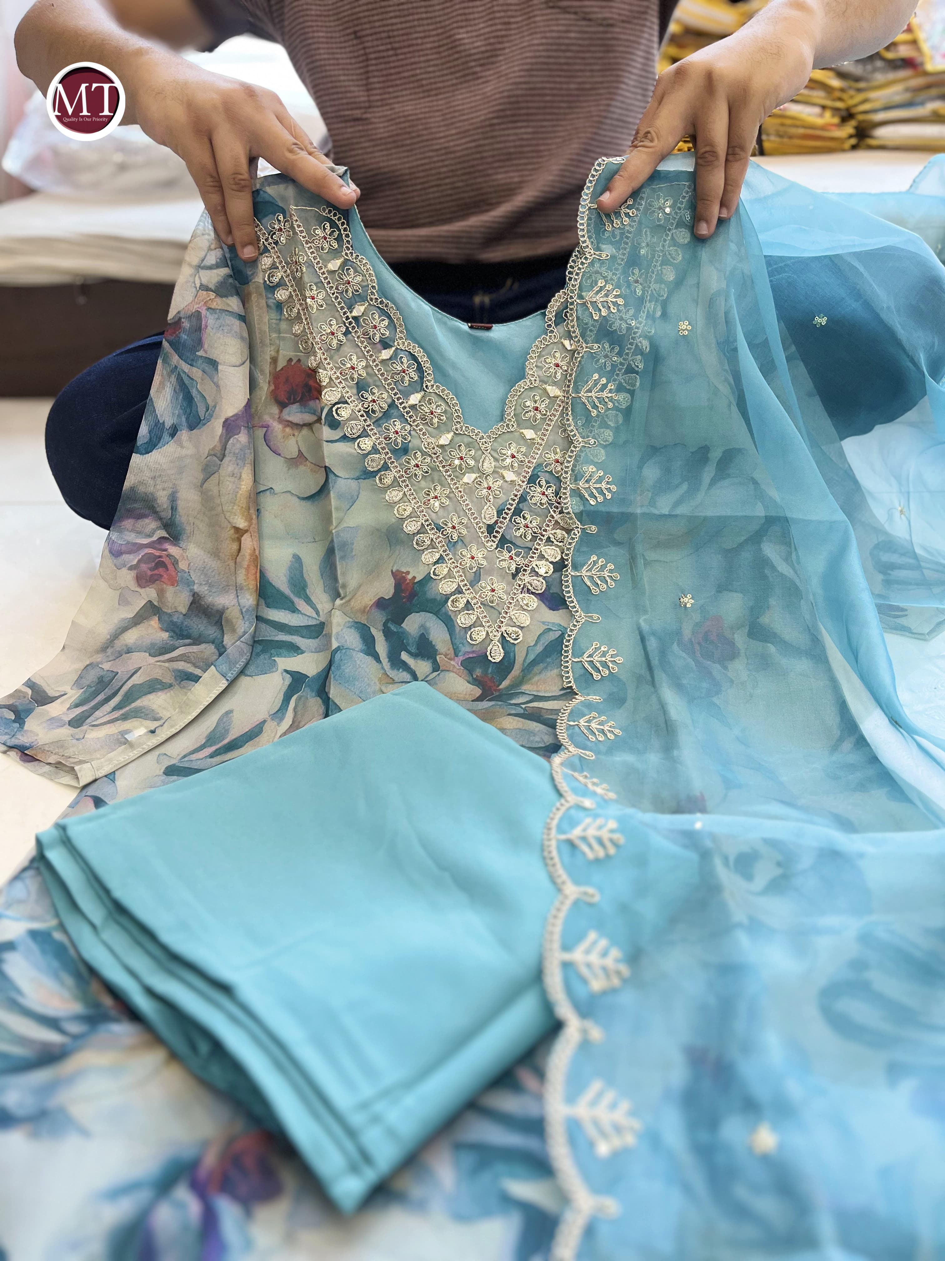 Organza Suit Set with Embroidery and Zari Weaving