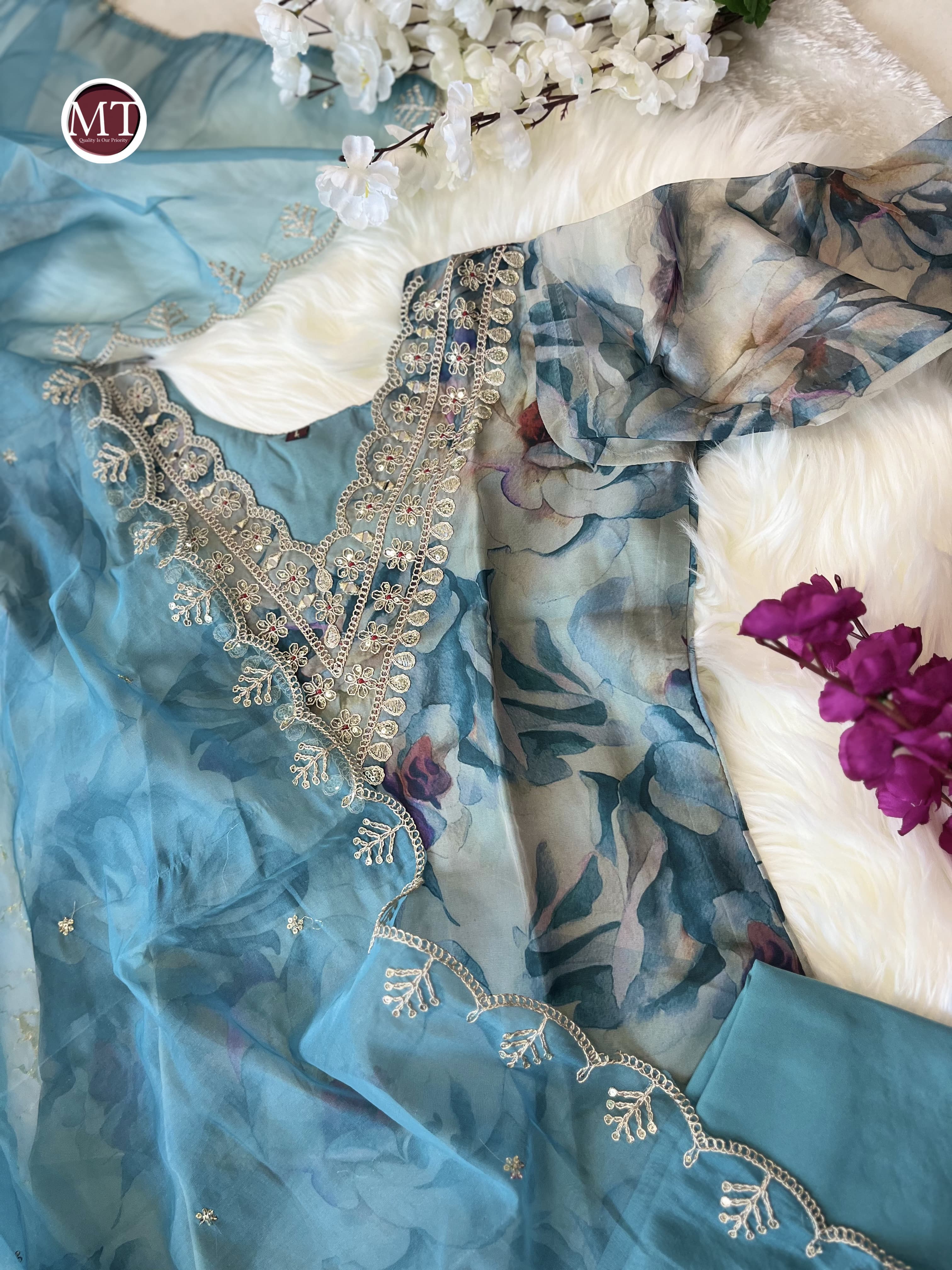 Organza Suit Set with Embroidery and Zari Weaving