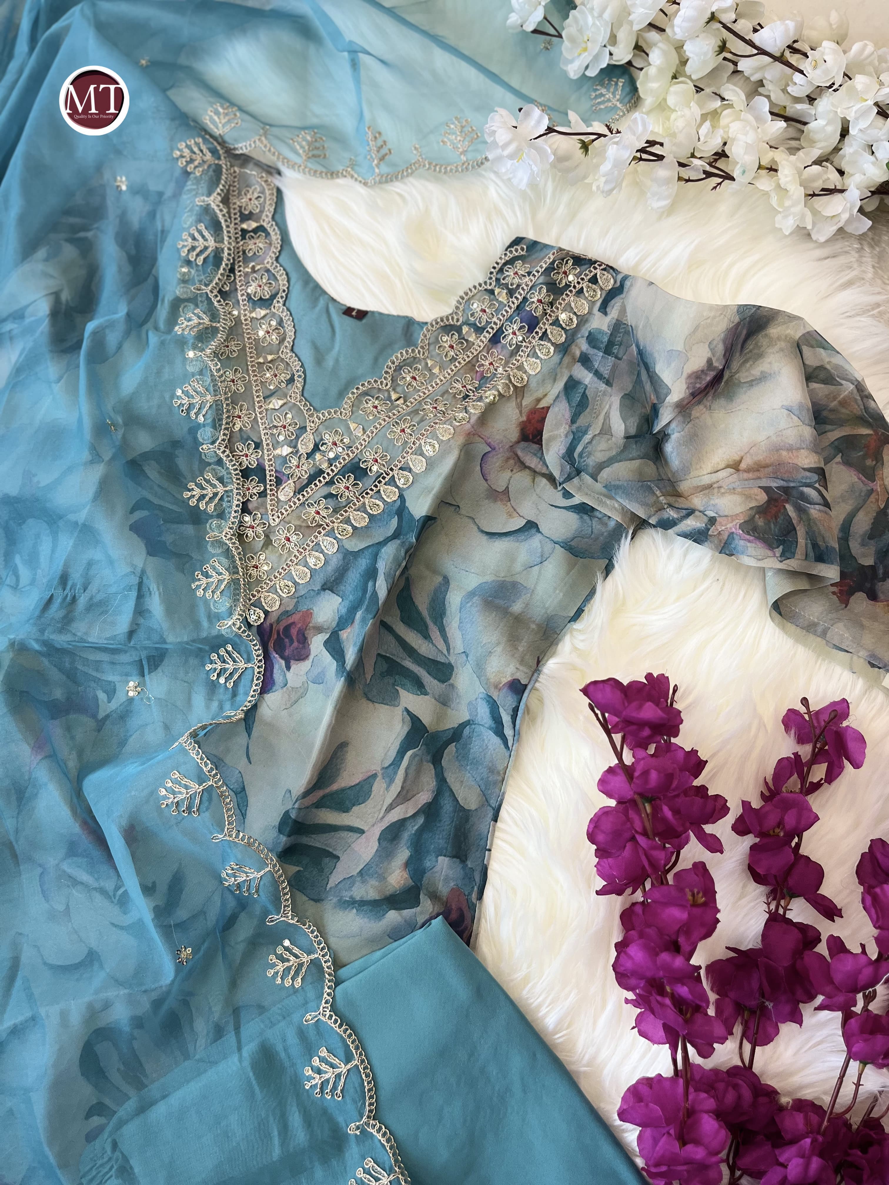 Organza Suit Set with Embroidery and Zari Weaving