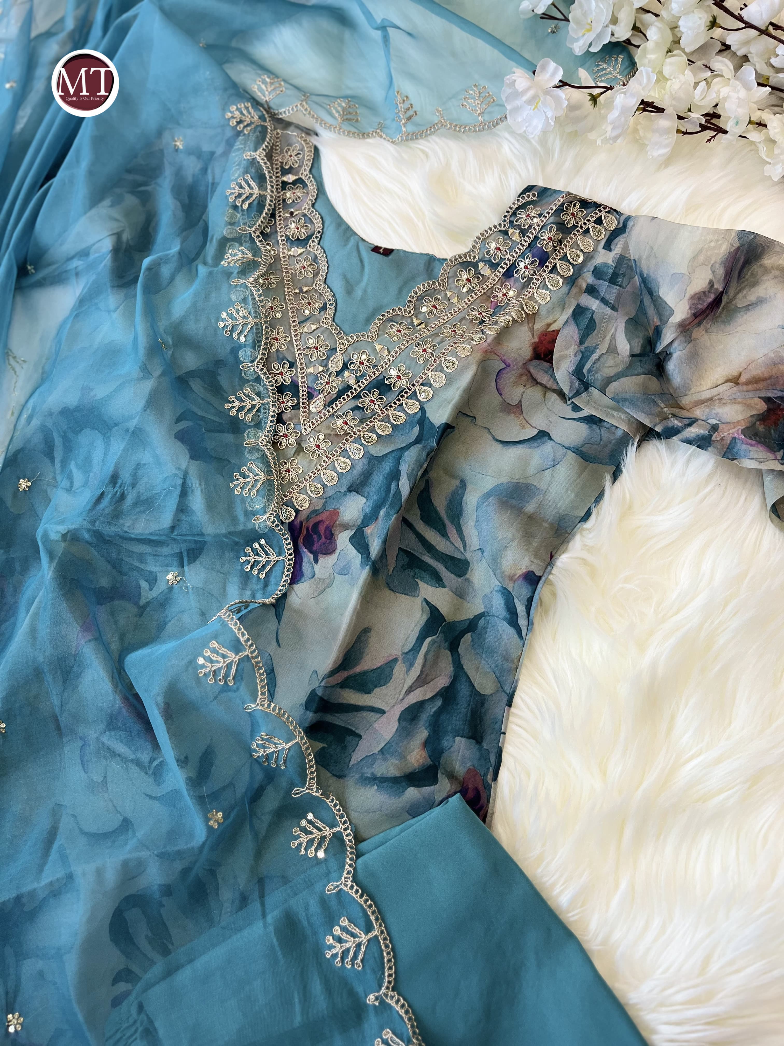 Organza Suit Set with Embroidery and Zari Weaving