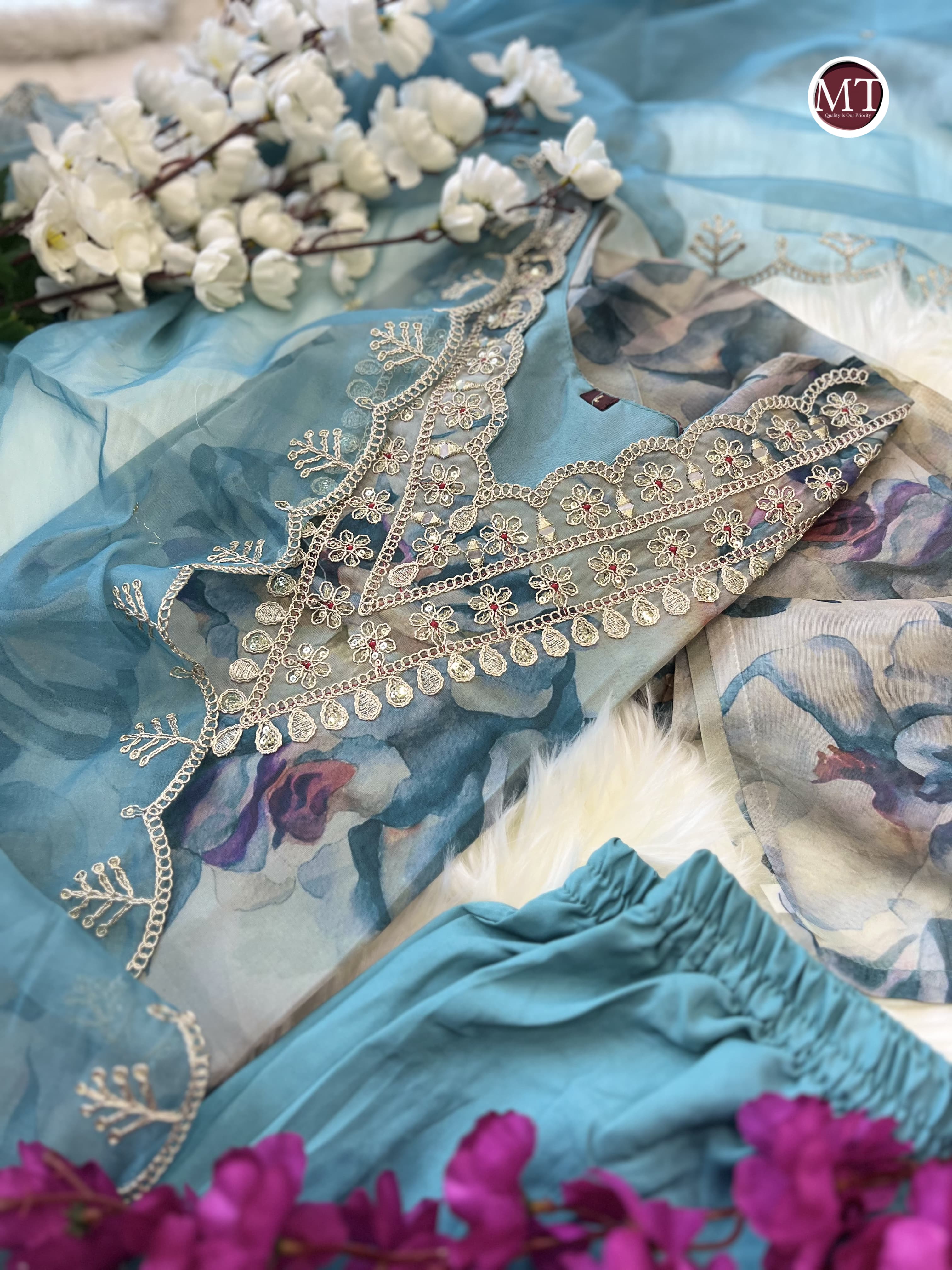Organza Suit Set with Embroidery and Zari Weaving