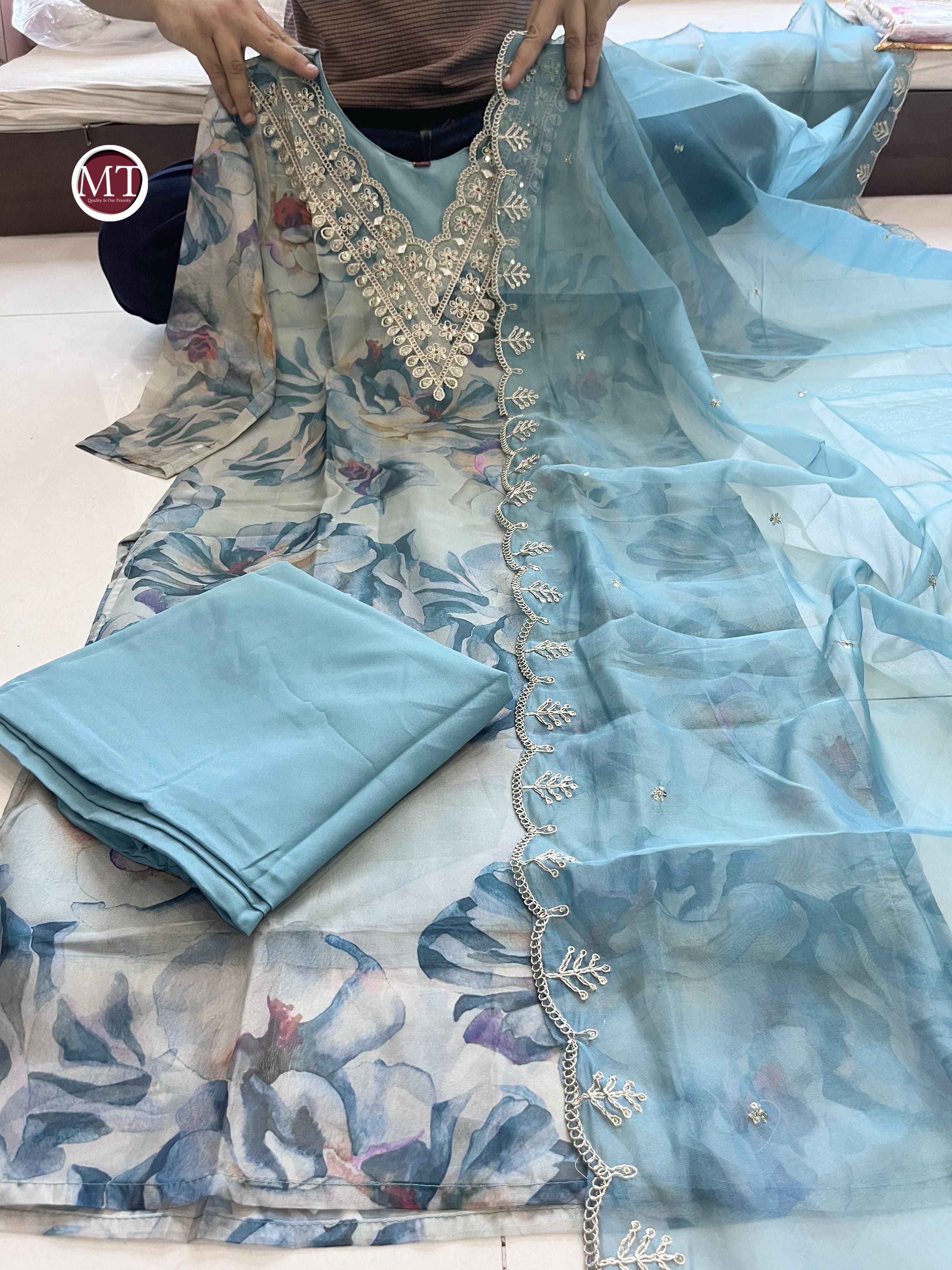 Organza Suit Set with Embroidery and Zari Weaving