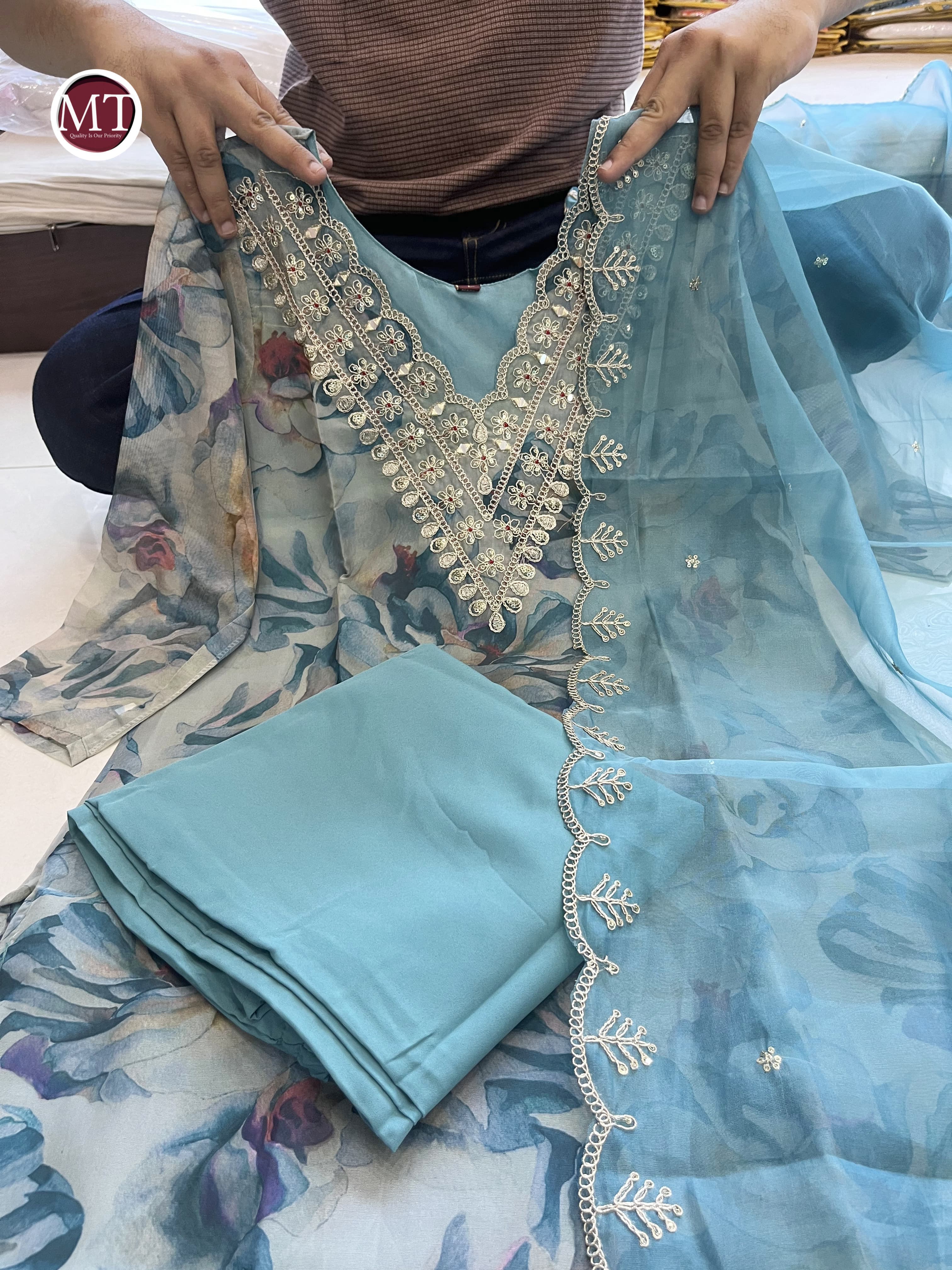 Organza Suit Set with Embroidery and Zari Weaving