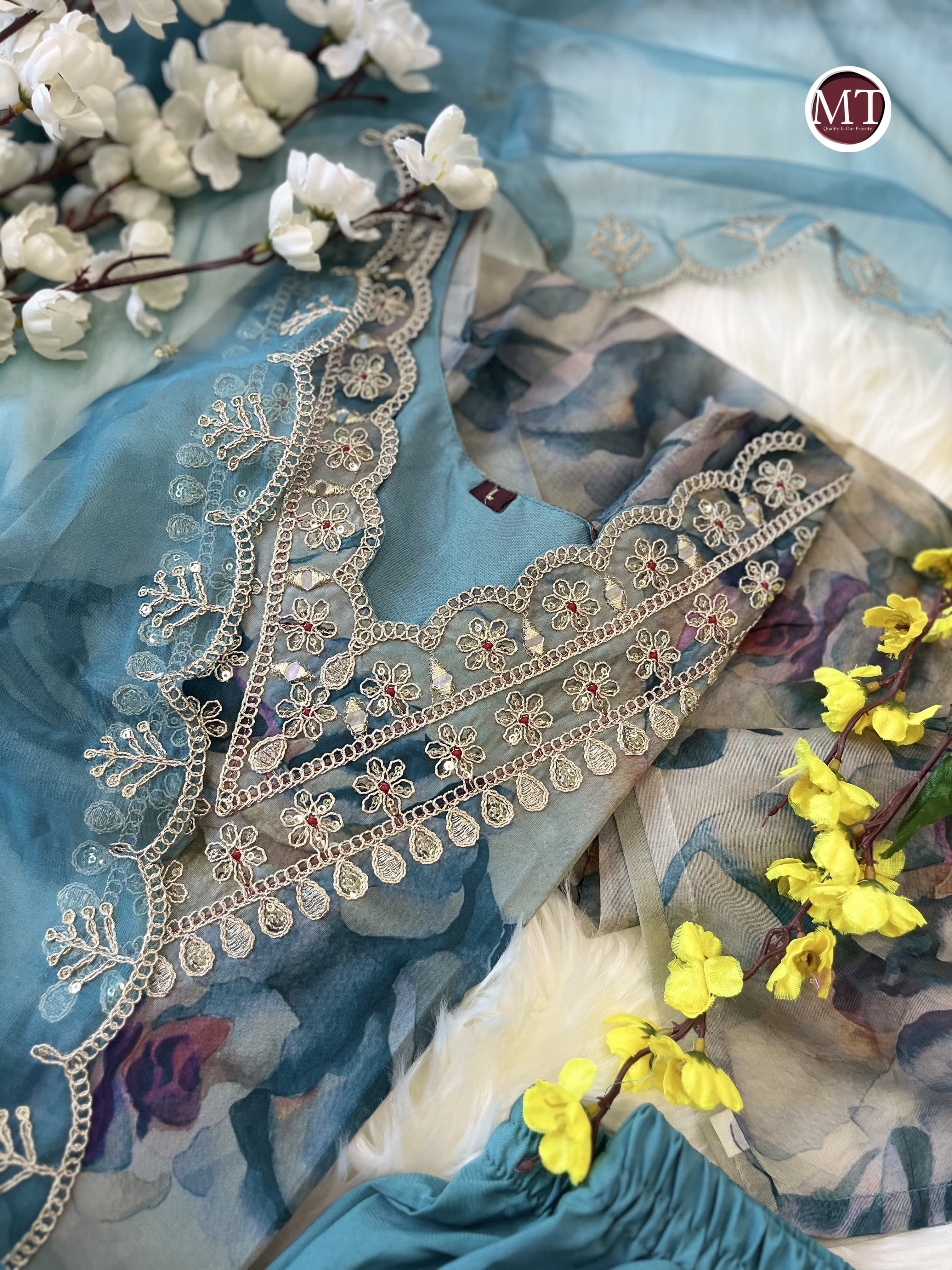 Organza Suit Set with Embroidery and Zari Weaving