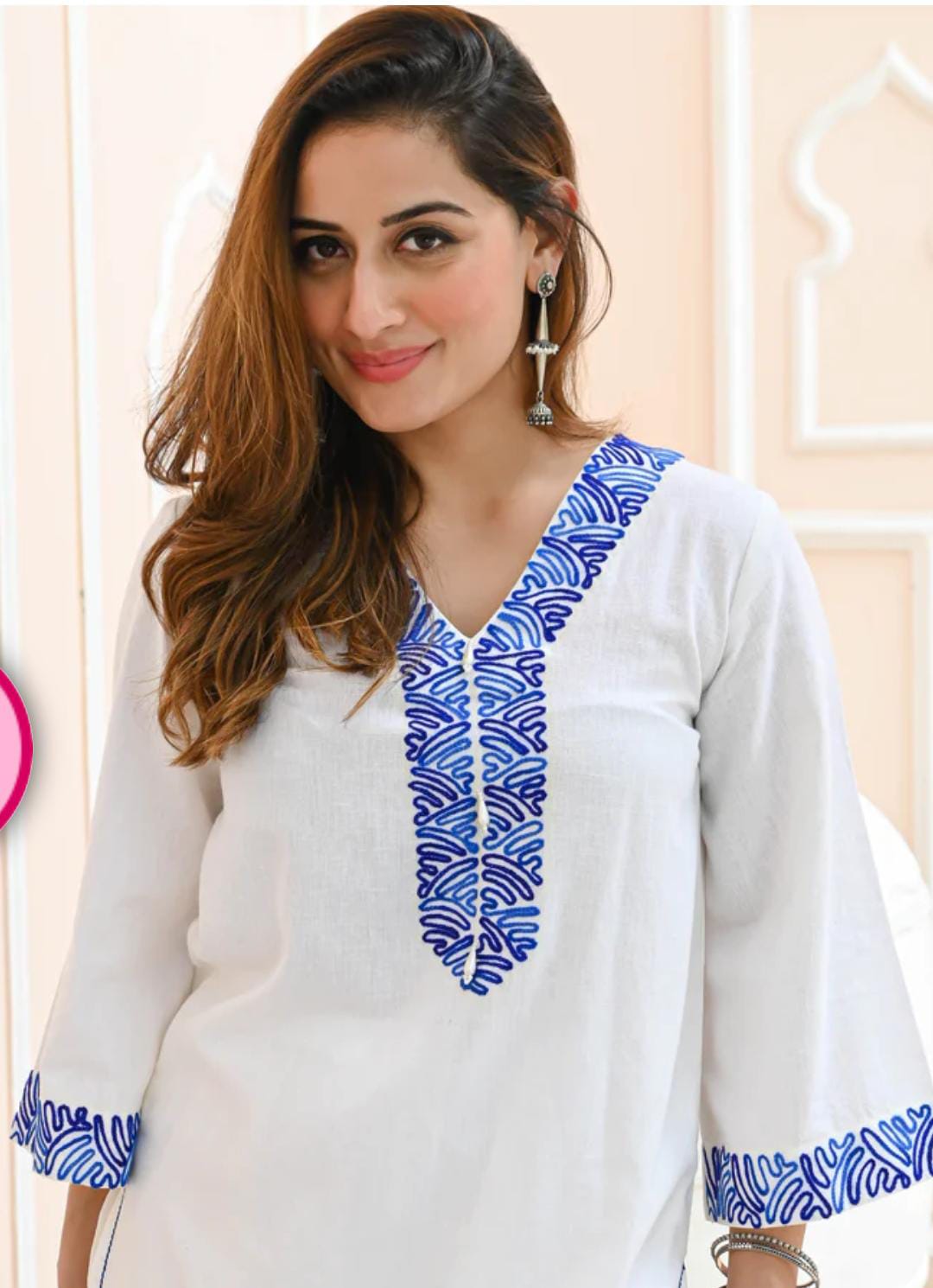 White Monochromatic Cotton Pant Set with Thread Embroidery