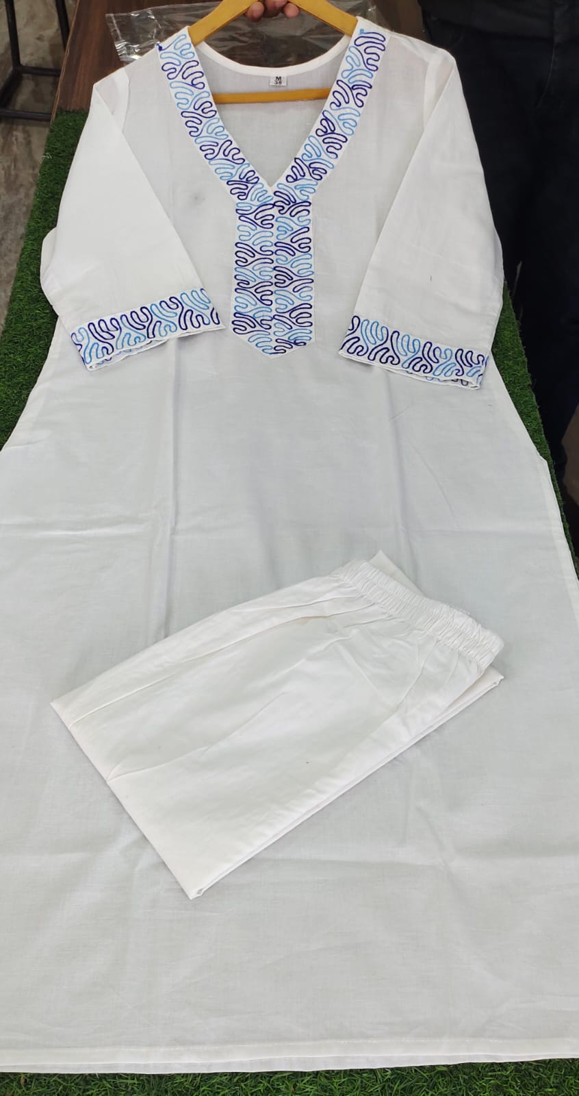 White Monochromatic Cotton Pant Set with Thread Embroidery
