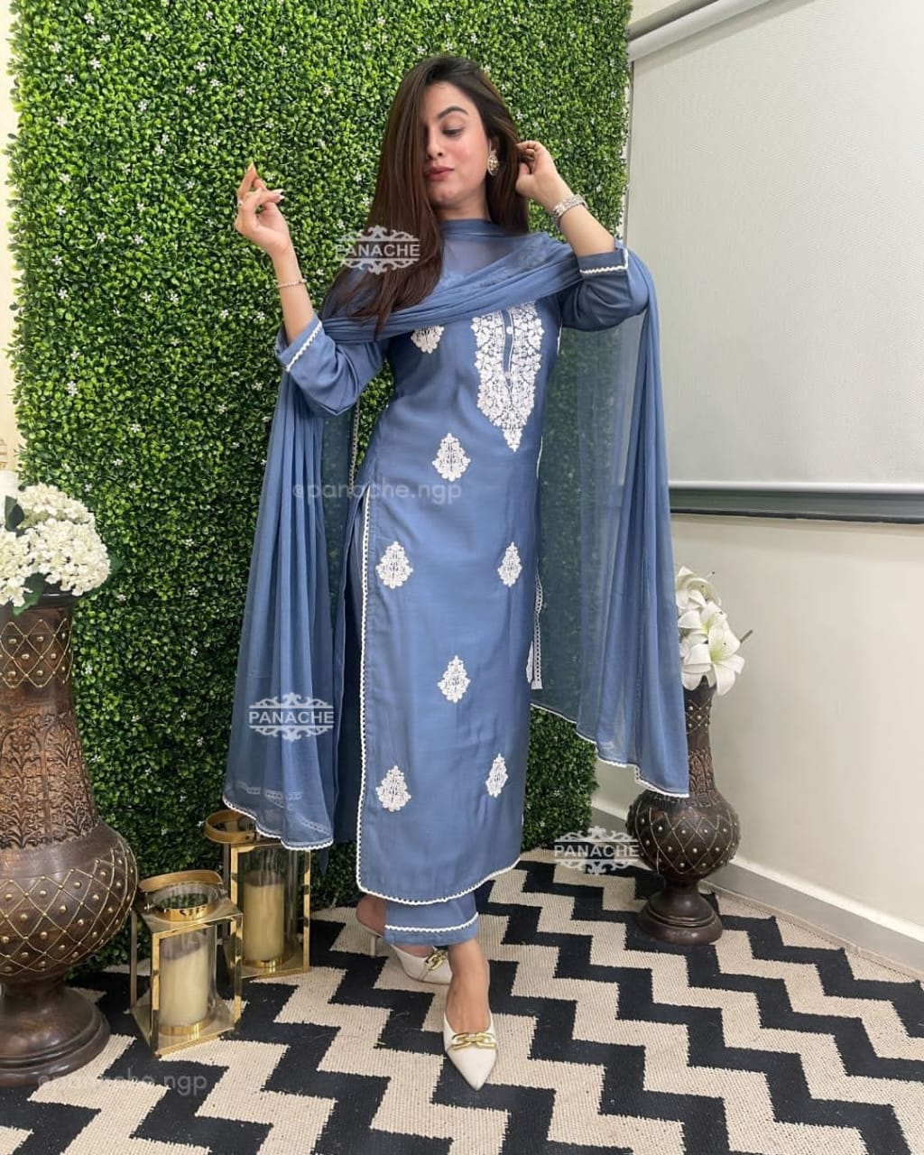 Embroidered Kurta Set with Chiffon Dupatta