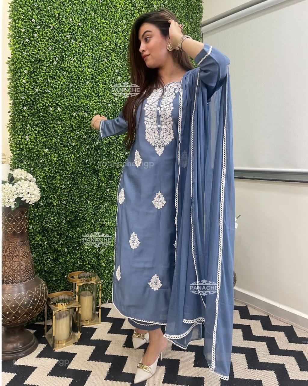 Embroidered Kurta Set with Chiffon Dupatta