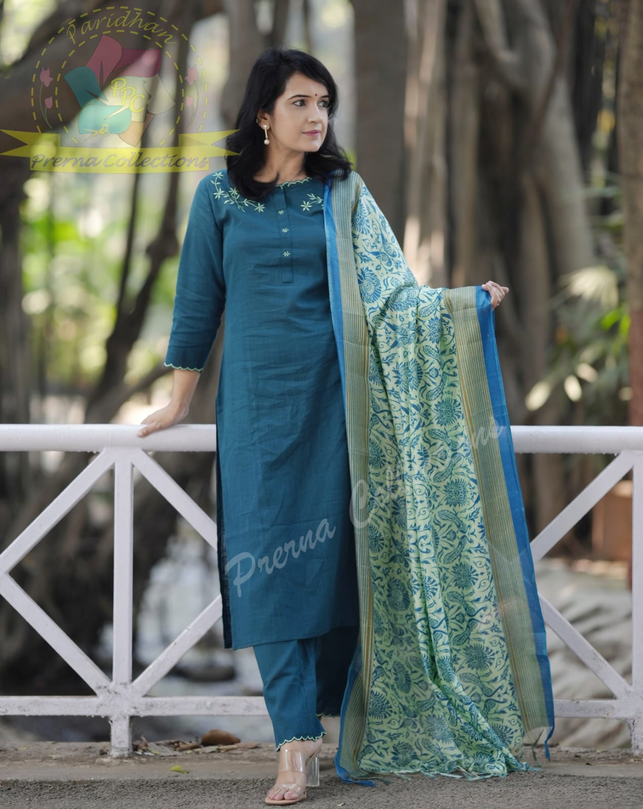 Embroidered Cotton Set with Cutwork & Kalamkari Dupatta
