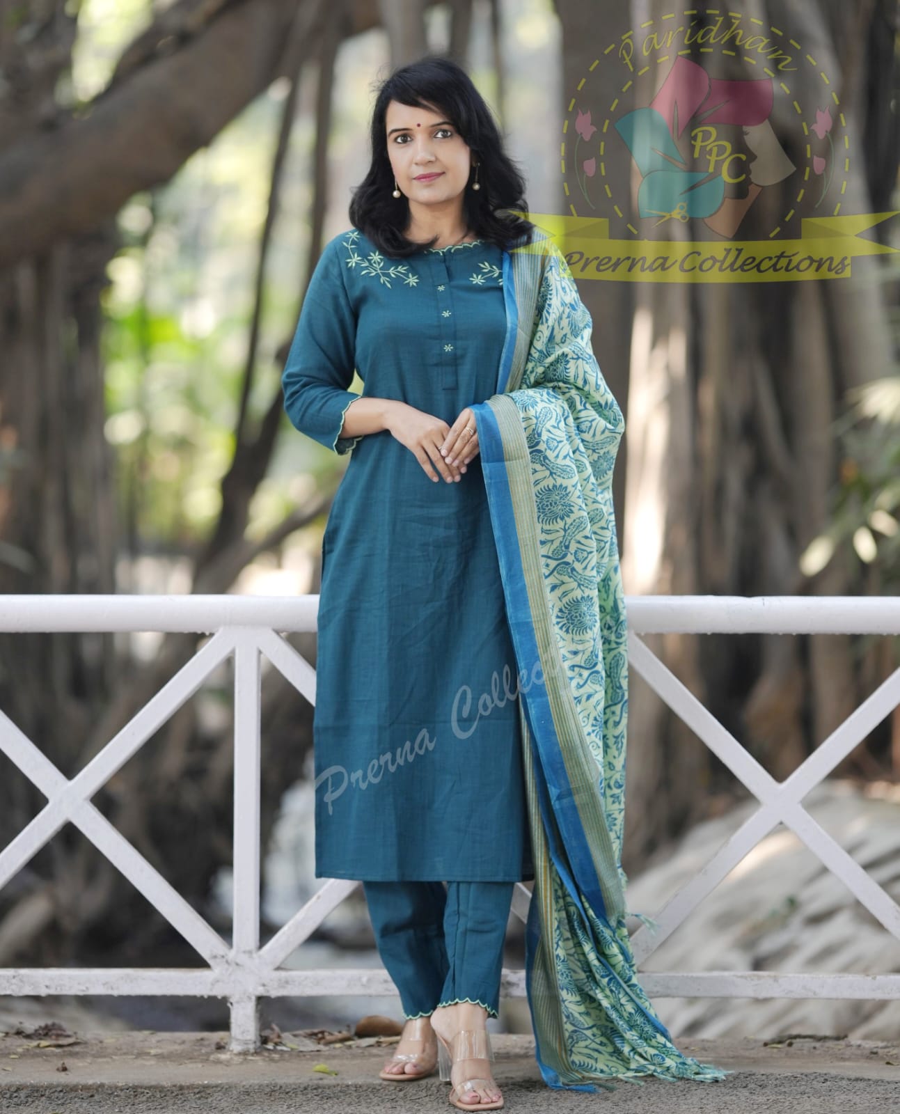 Embroidered Cotton Set with Cutwork & Kalamkari Dupatta
