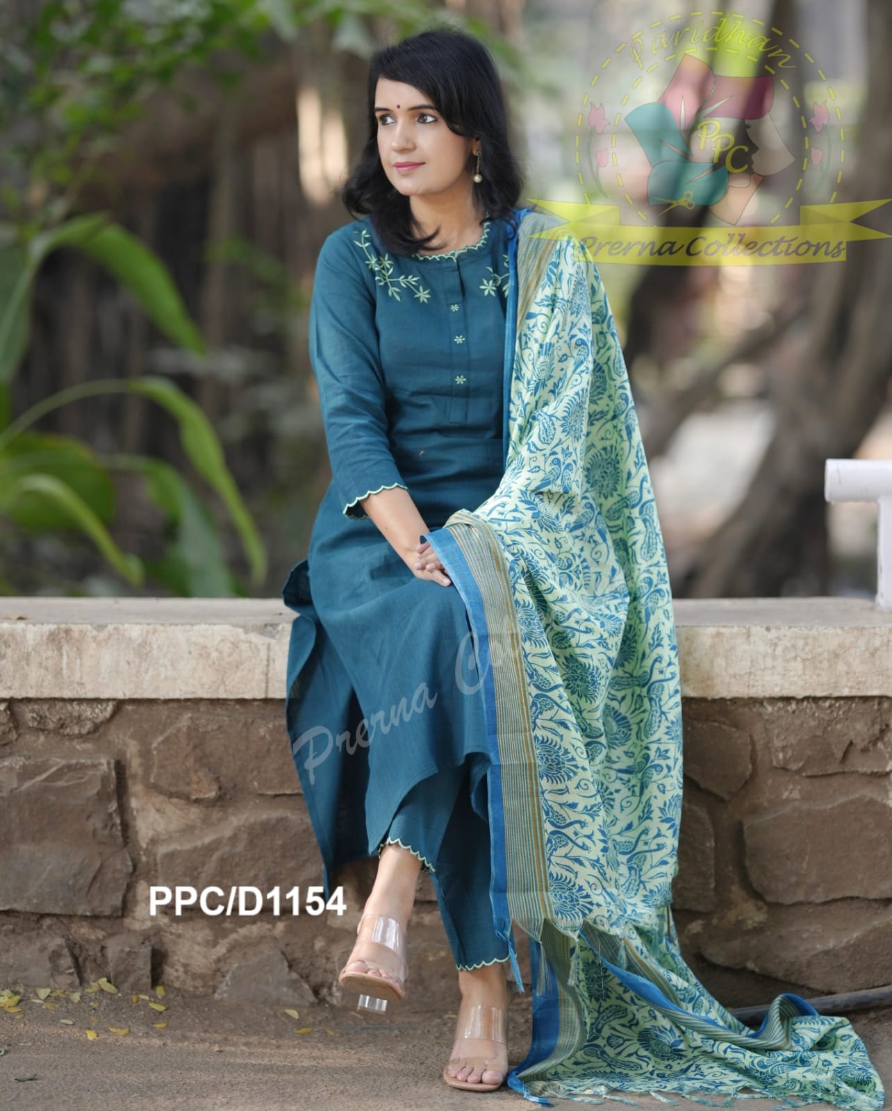 Embroidered Cotton Set with Cutwork & Kalamkari Dupatta