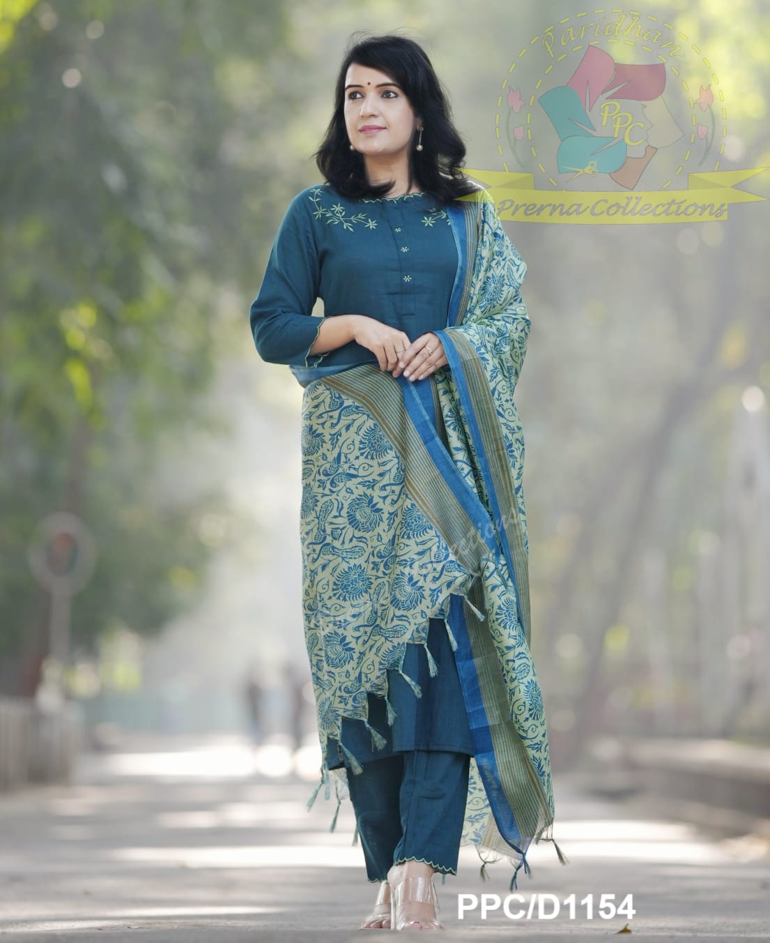 Embroidered Cotton Set with Cutwork & Kalamkari Dupatta