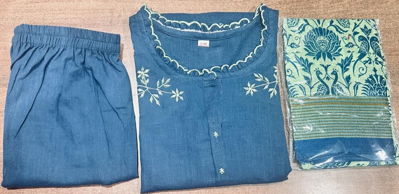 Embroidered Cotton Set with Cutwork & Kalamkari Dupatta