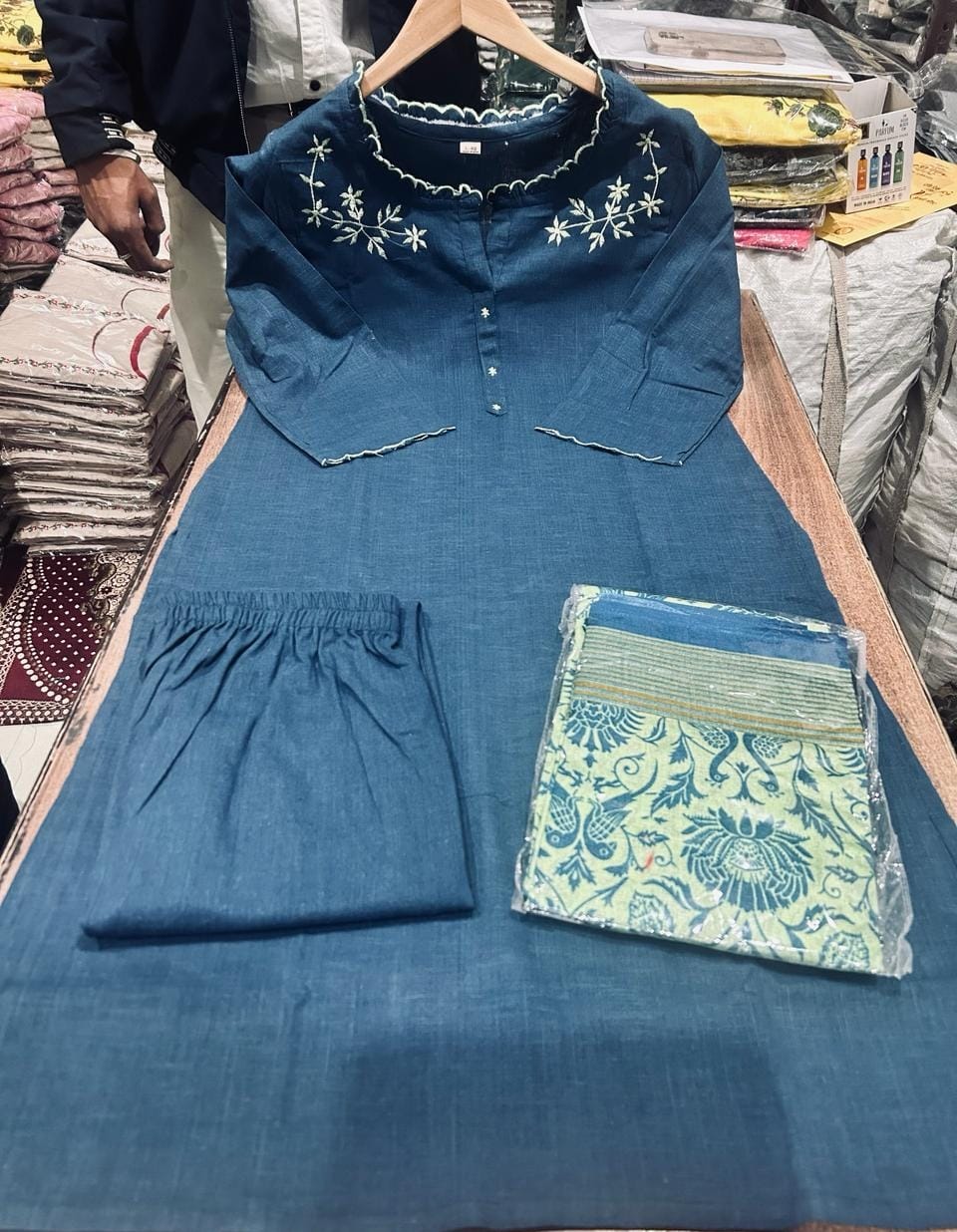 Embroidered Cotton Set with Cutwork & Kalamkari Dupatta