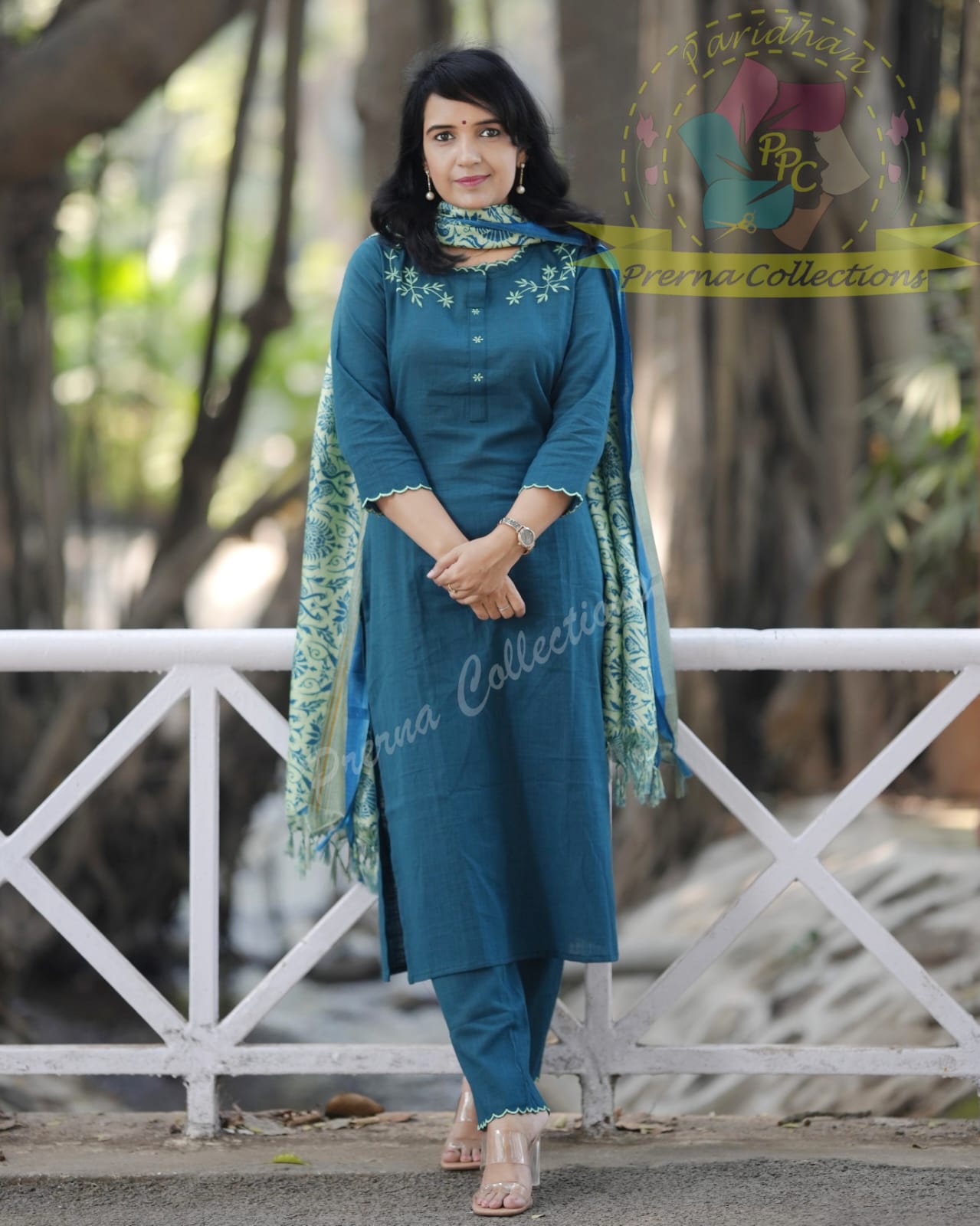 Embroidered Cotton Set with Cutwork & Kalamkari Dupatta