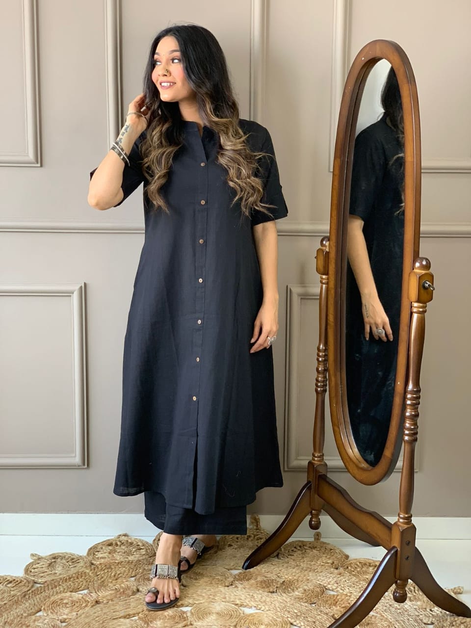 Cotton Slub A-Line Kurti and Palazzo Set