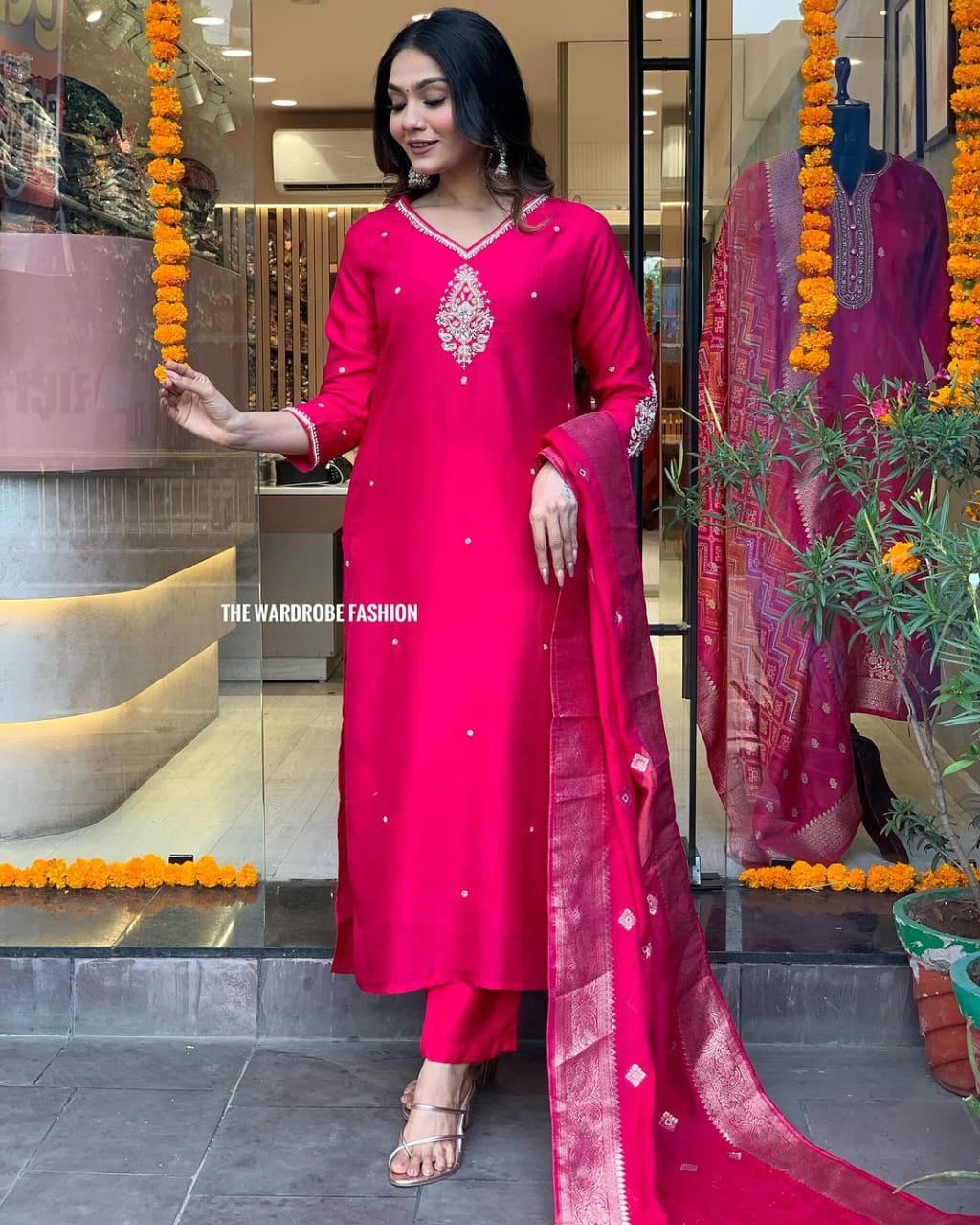 Rani Color Rayon Kurti with Adda Work, Pant and Latkan Dupatta