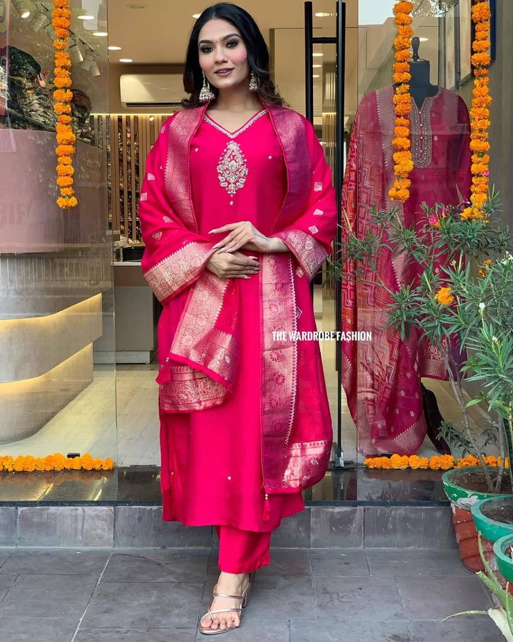 Rani Color Rayon Kurti with Adda Work, Pant and Latkan Dupatta