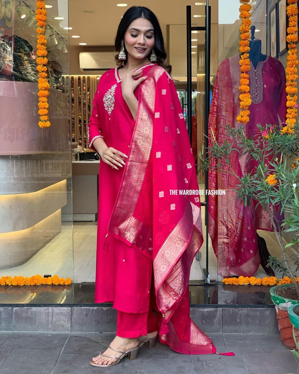 Rani Color Rayon Kurti with Adda Work, Pant and Latkan Dupatta