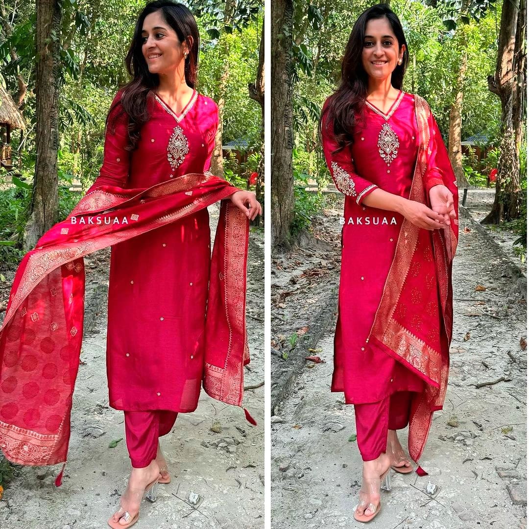Rani Color Rayon Kurti with Adda Work, Pant and Latkan Dupatta
