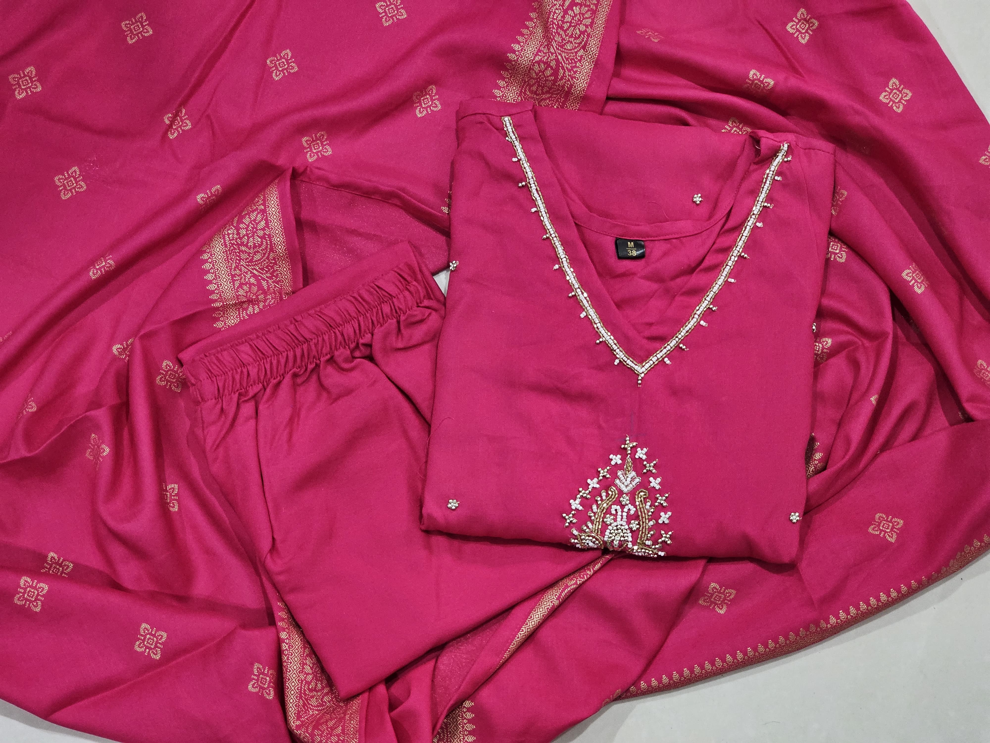 Rani Color Rayon Kurti with Adda Work, Pant and Latkan Dupatta