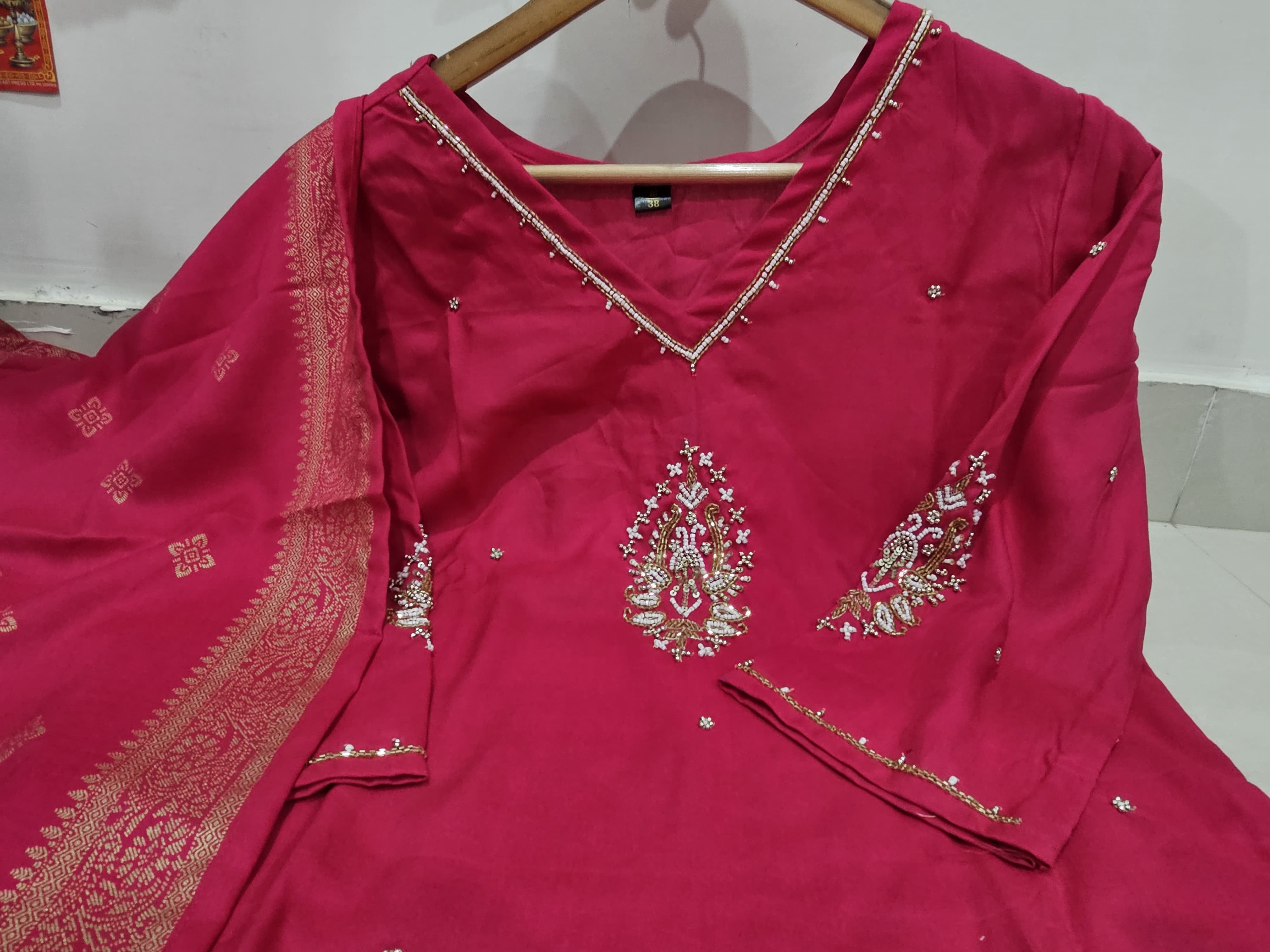 Rani Color Rayon Kurti with Adda Work, Pant and Latkan Dupatta