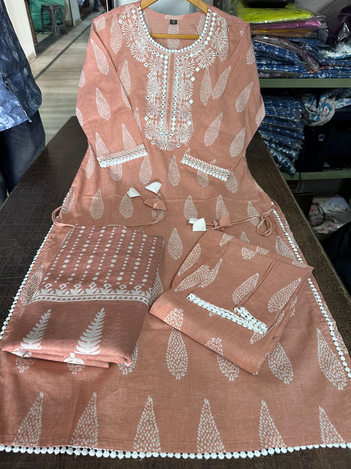 Cotton Kurti Pant Set with Embroidered Work