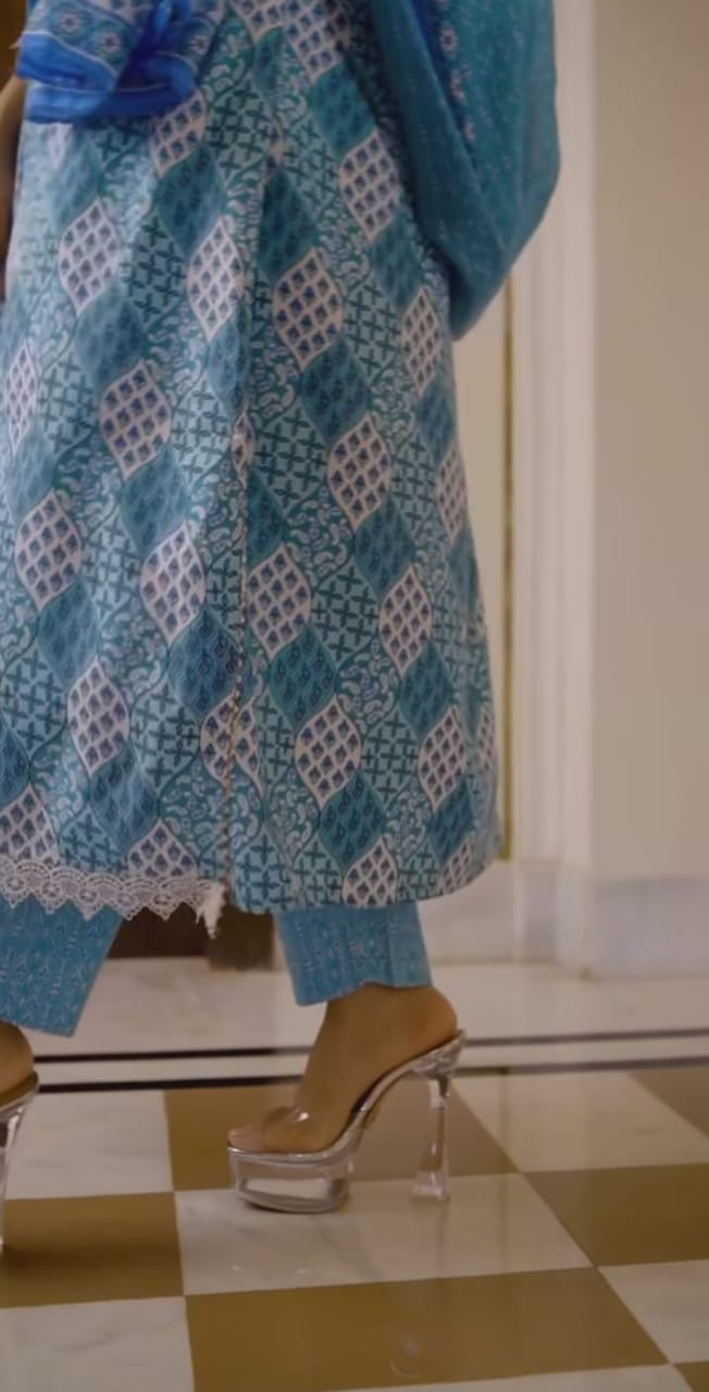 A-Line Printed Cotton Suit with Sequin Embroidery and Mal Mal Dupatta Set