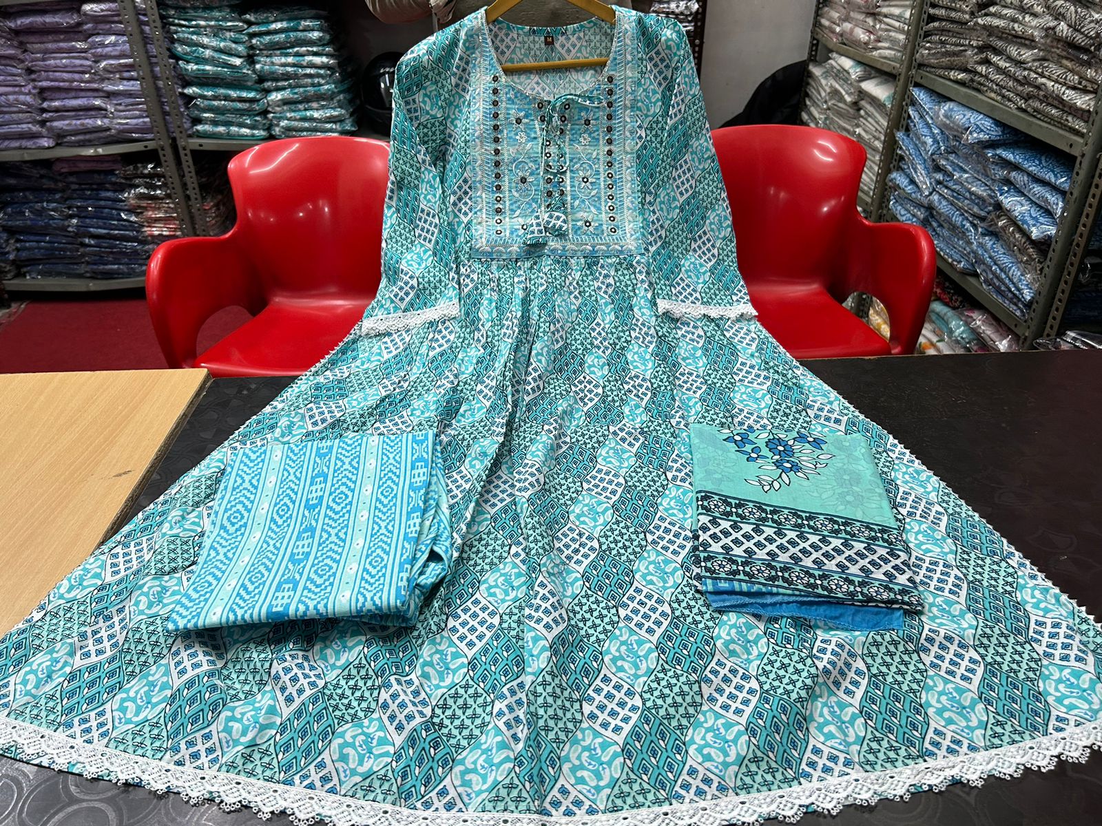 A-Line Printed Cotton Suit with Sequin Embroidery and Mal Mal Dupatta Set