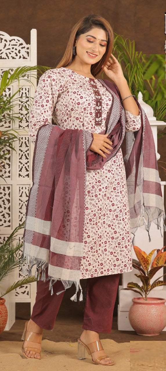 Cotton Kurta Set with Pant and Dupatta