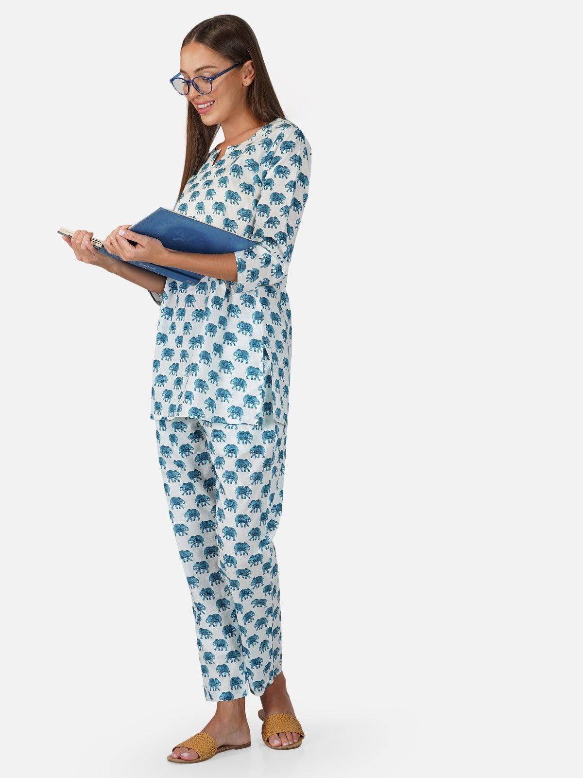 Cotton Short Kurta Pant Set in White & Blue (60x60 Weave)