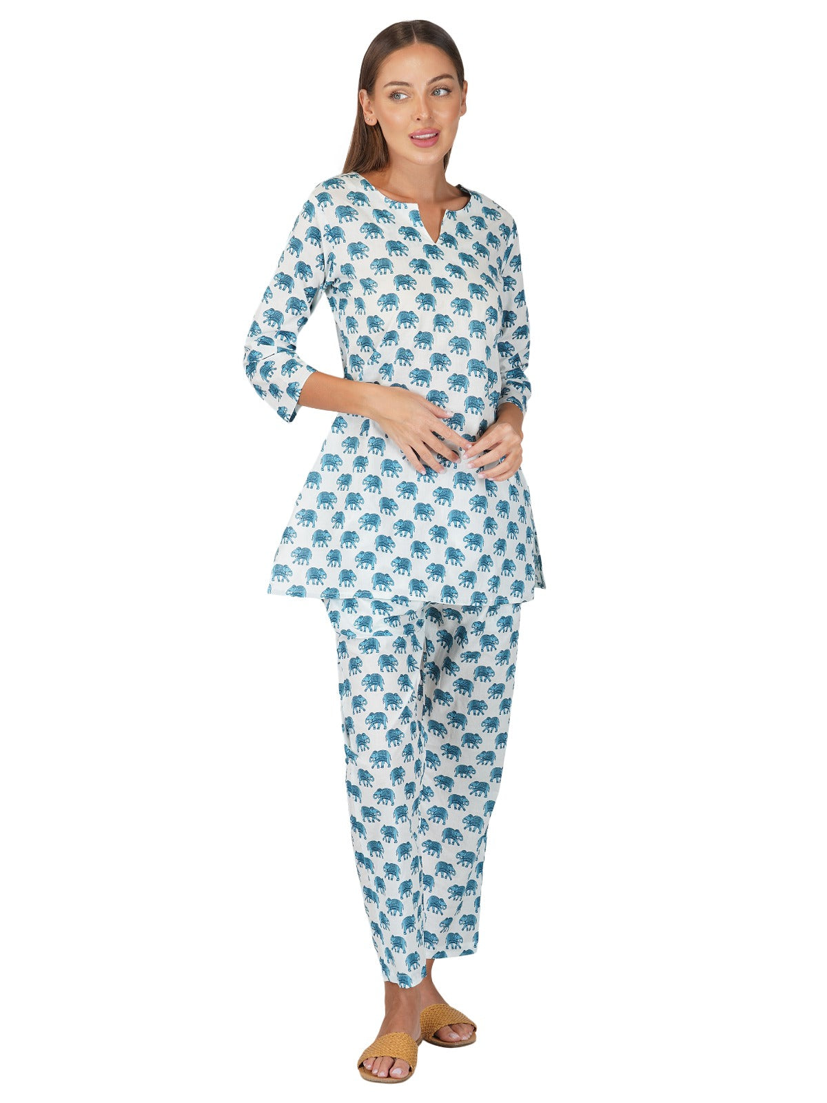 Cotton Short Kurta Pant Set in White & Blue (60x60 Weave)
