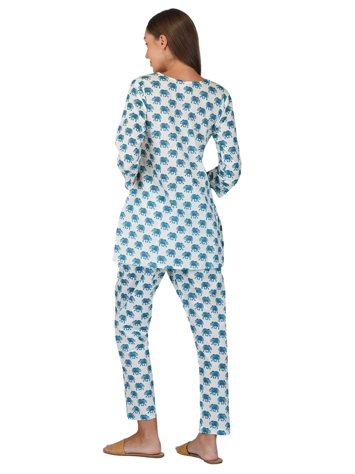 Cotton Short Kurta Pant Set in White & Blue (60x60 Weave)