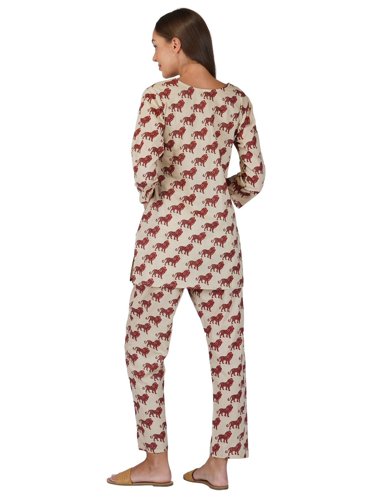 Chiku Red Cotton Short Kurta and Pant Set (60x60 Weave)