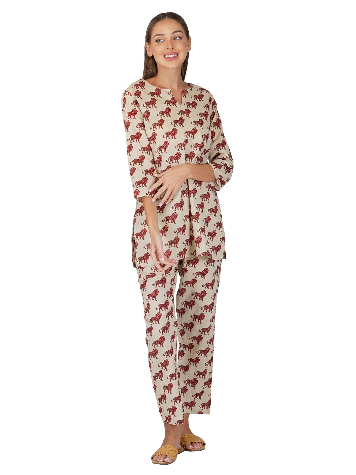 Chiku Red Cotton Short Kurta and Pant Set (60x60 Weave)