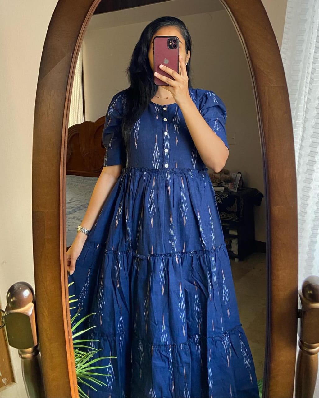 Ikat Middy Flare Gown - Cotton (Blue)
