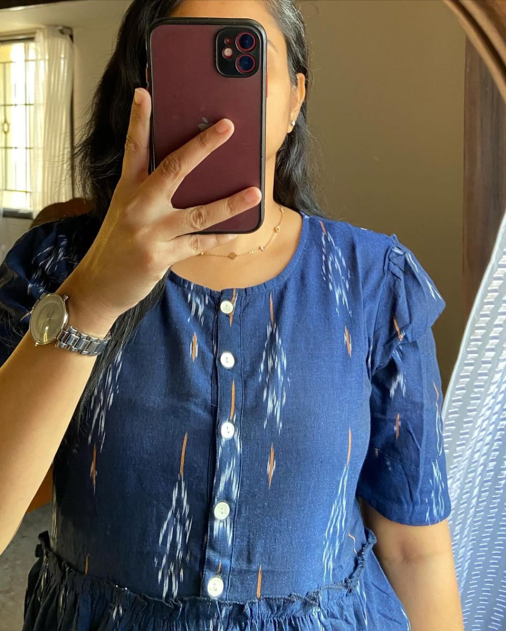 Ikat Middy Flare Gown - Cotton (Blue)
