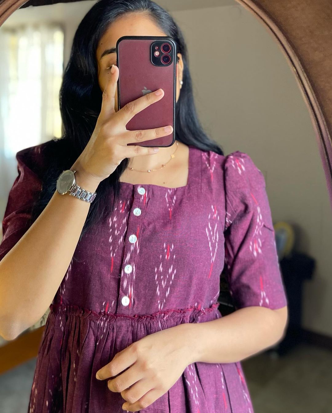 Maroon Ikat Cotton Flair Middy Gown