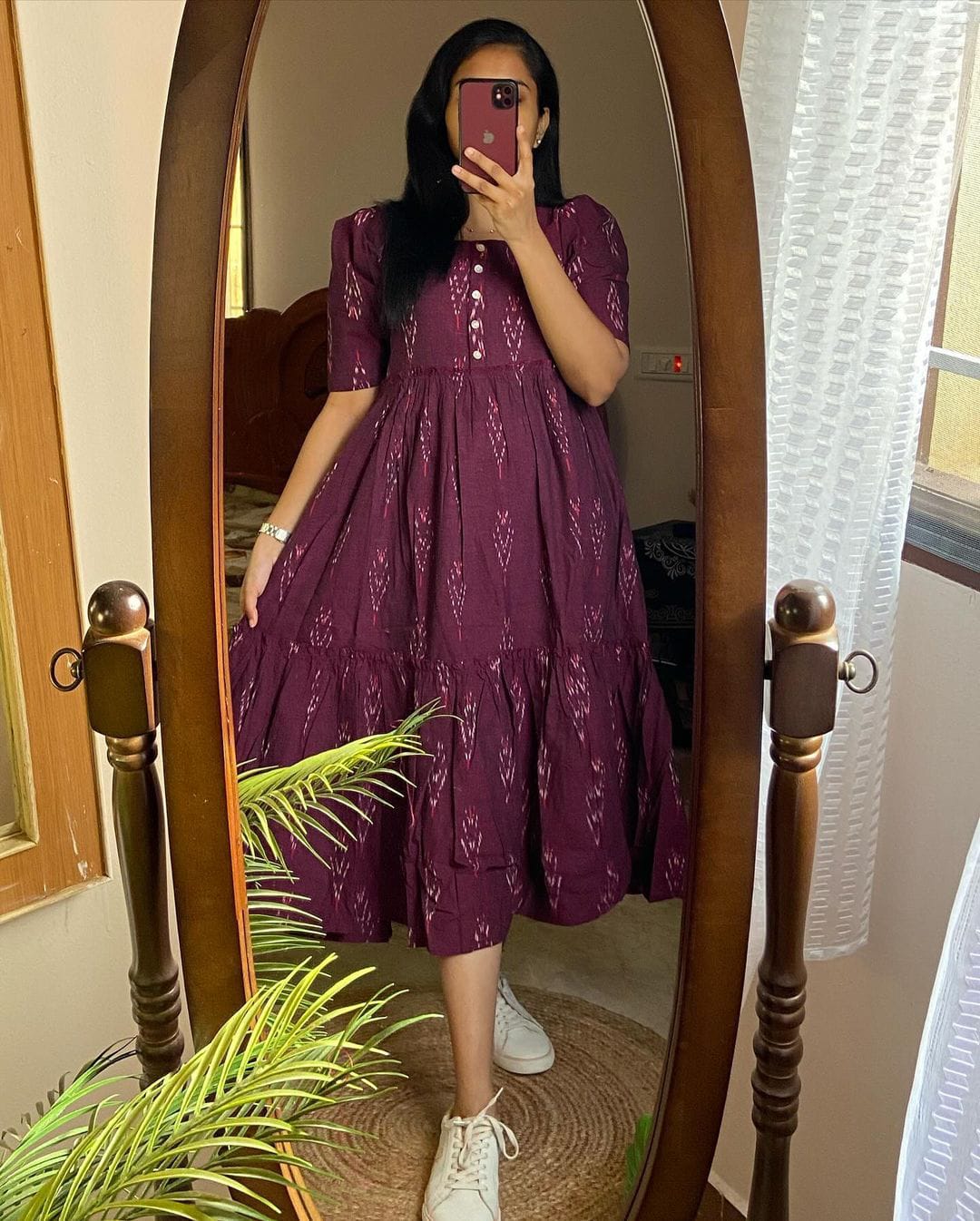 Maroon Ikat Cotton Flair Middy Gown