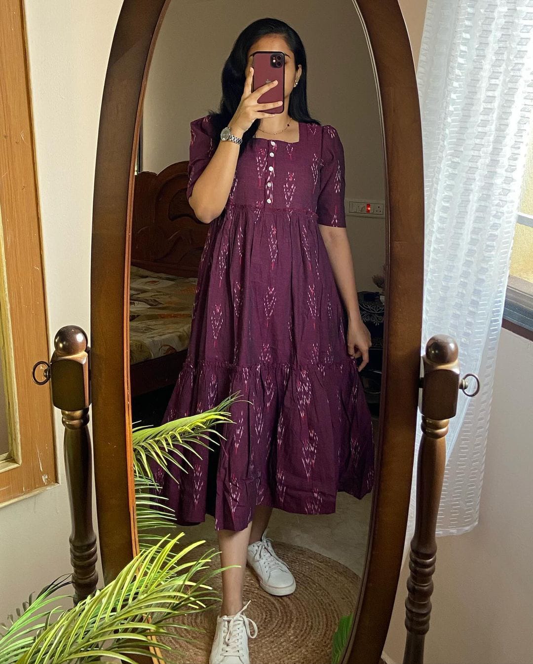 Maroon Ikat Cotton Flair Middy Gown