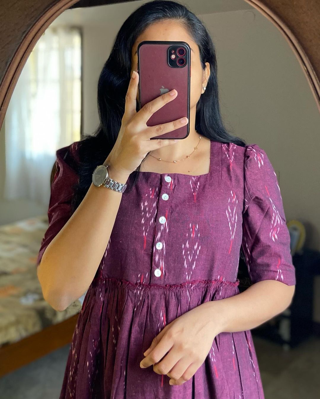 Maroon Ikat Cotton Flair Middy Gown
